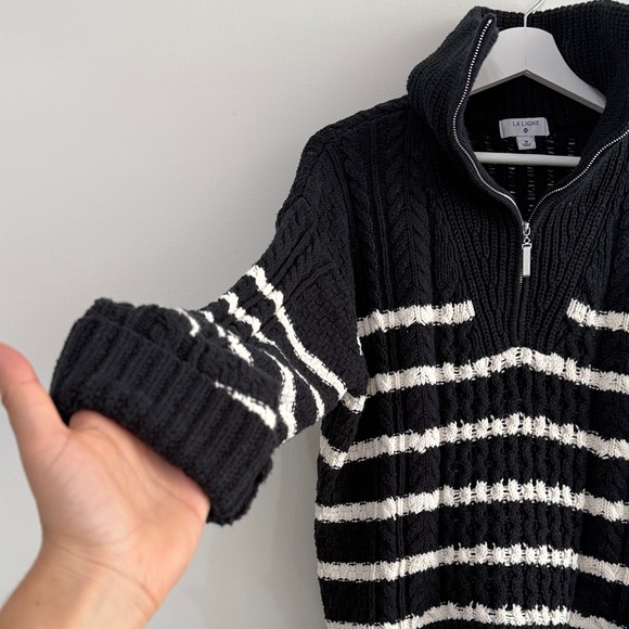LA LIGNE Striped Black and White Knit Cable Women's Sweater - Picture 5 of 7